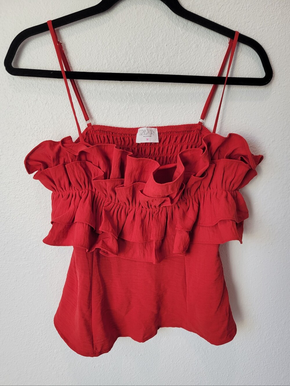 Sienna Sky Womens M Red Ruffle Tank Smocked Back Spaghetti Strap Top